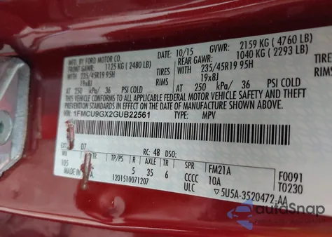 2016 Ford Escape Se z USA, uszkodzony, nr VIN 1FMCU9GX2GUB22561